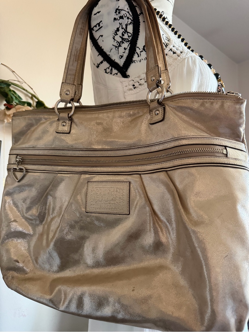 Coach Metallic Gold Tote Bag with Heart Charm